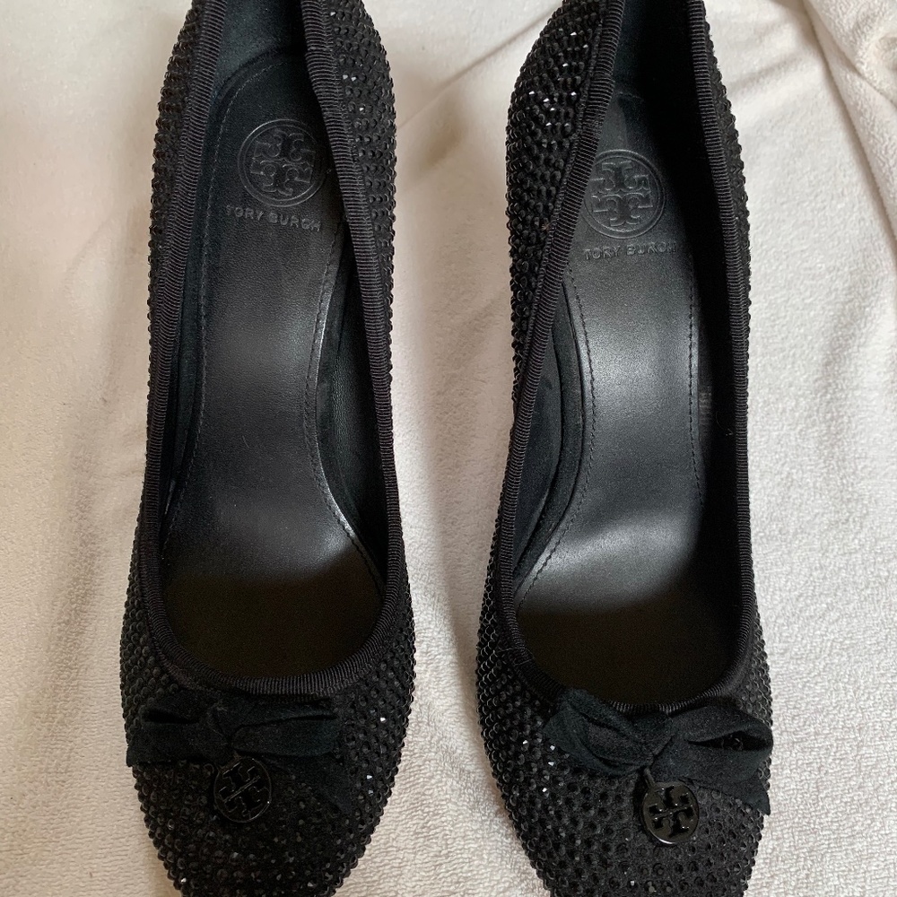 NWOB Tory Burch Black Suede Glitter Pumps sz 8.5M